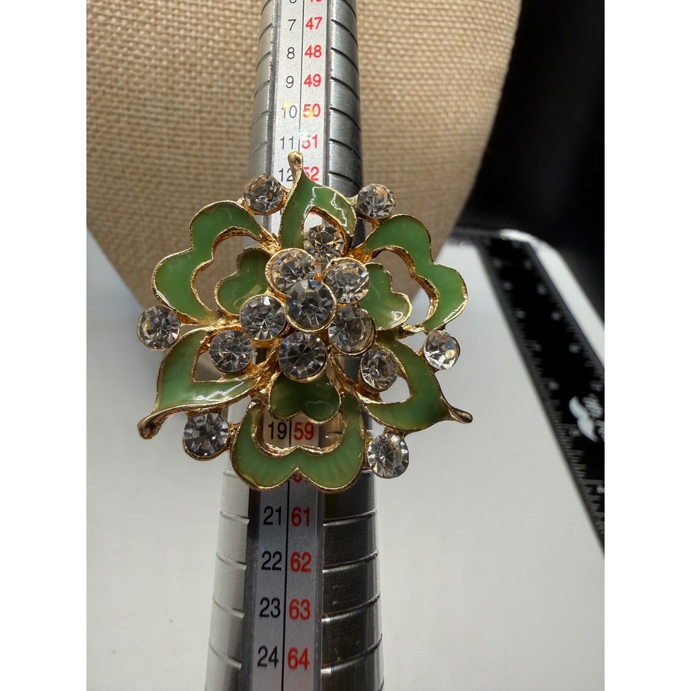 Green Enamel Flower Statement Ring Gold Tone Adjustable Floral Jewelry
